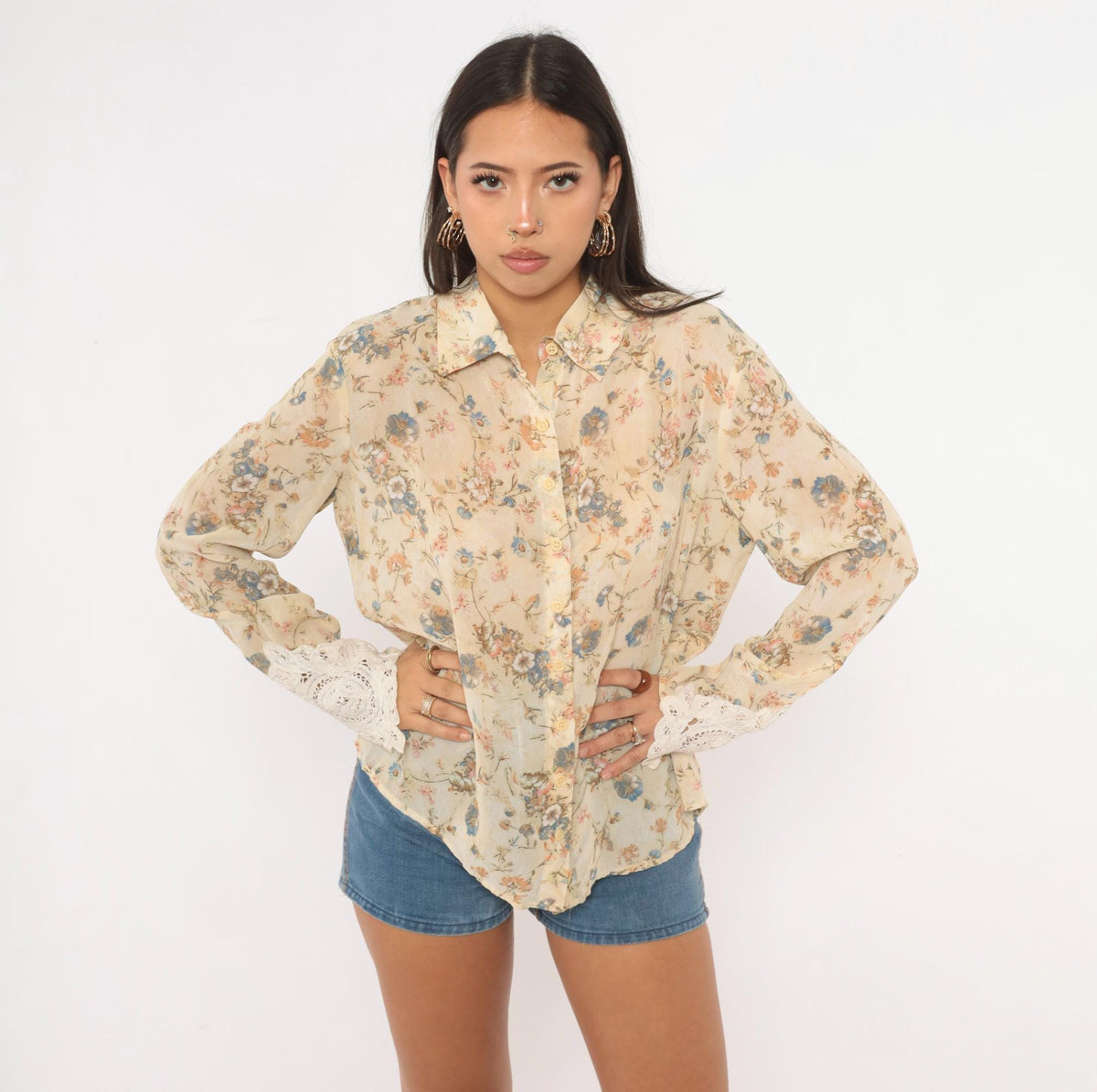 90s Clio Floral Blouse Beige Rayon Semi-Sheer Lace Cuff Medium M