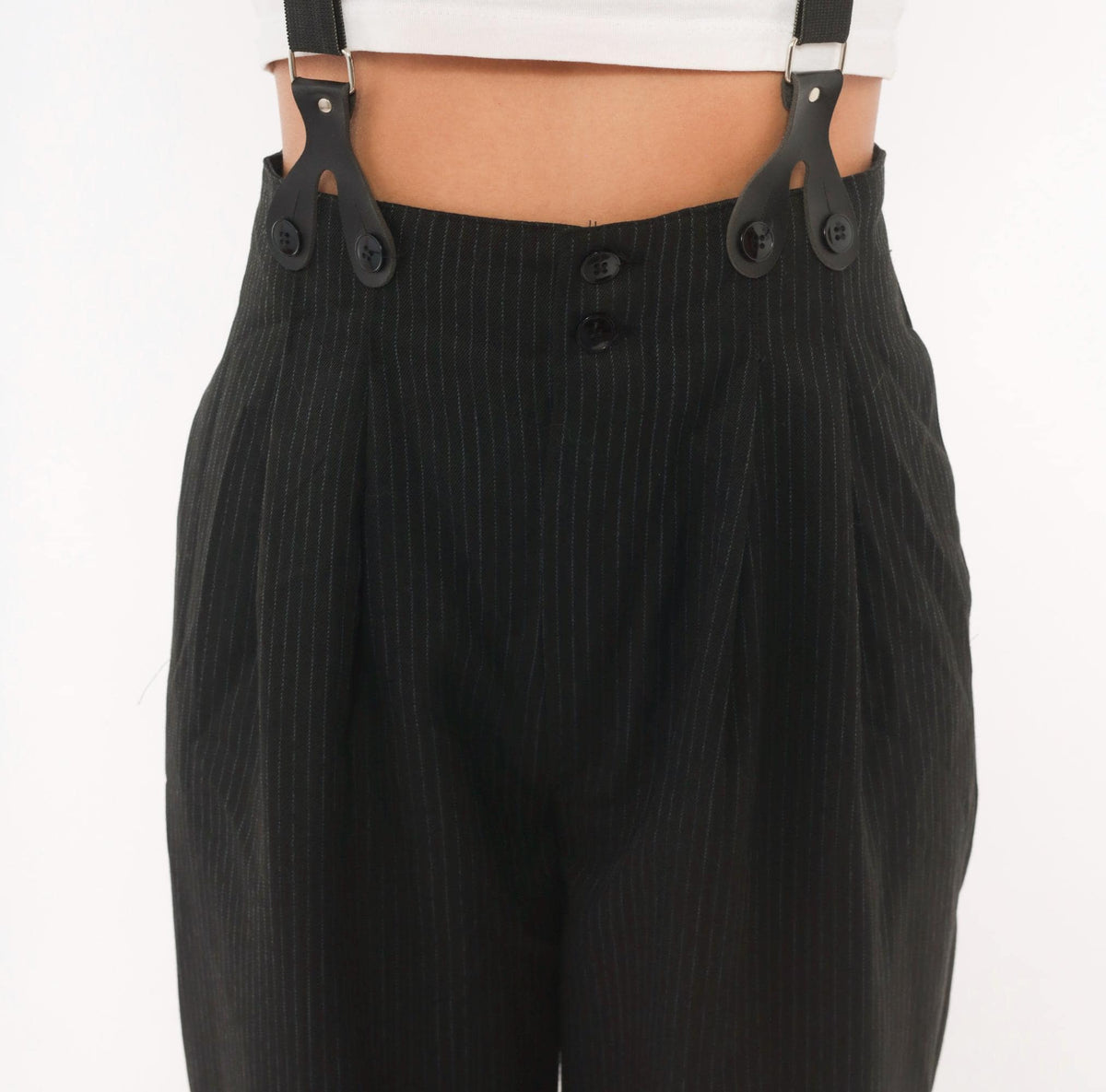 80s 7th Alternative Pinstripe Trousers Black High Waist Pleated Tapered Small S