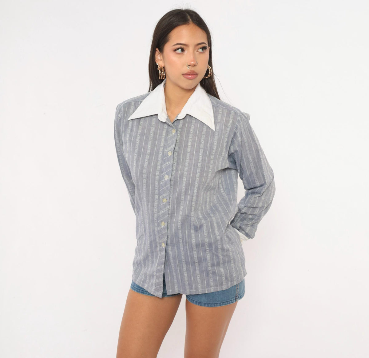 70s Balore Grey Striped Button Up Shirt Contrast Collar Medium