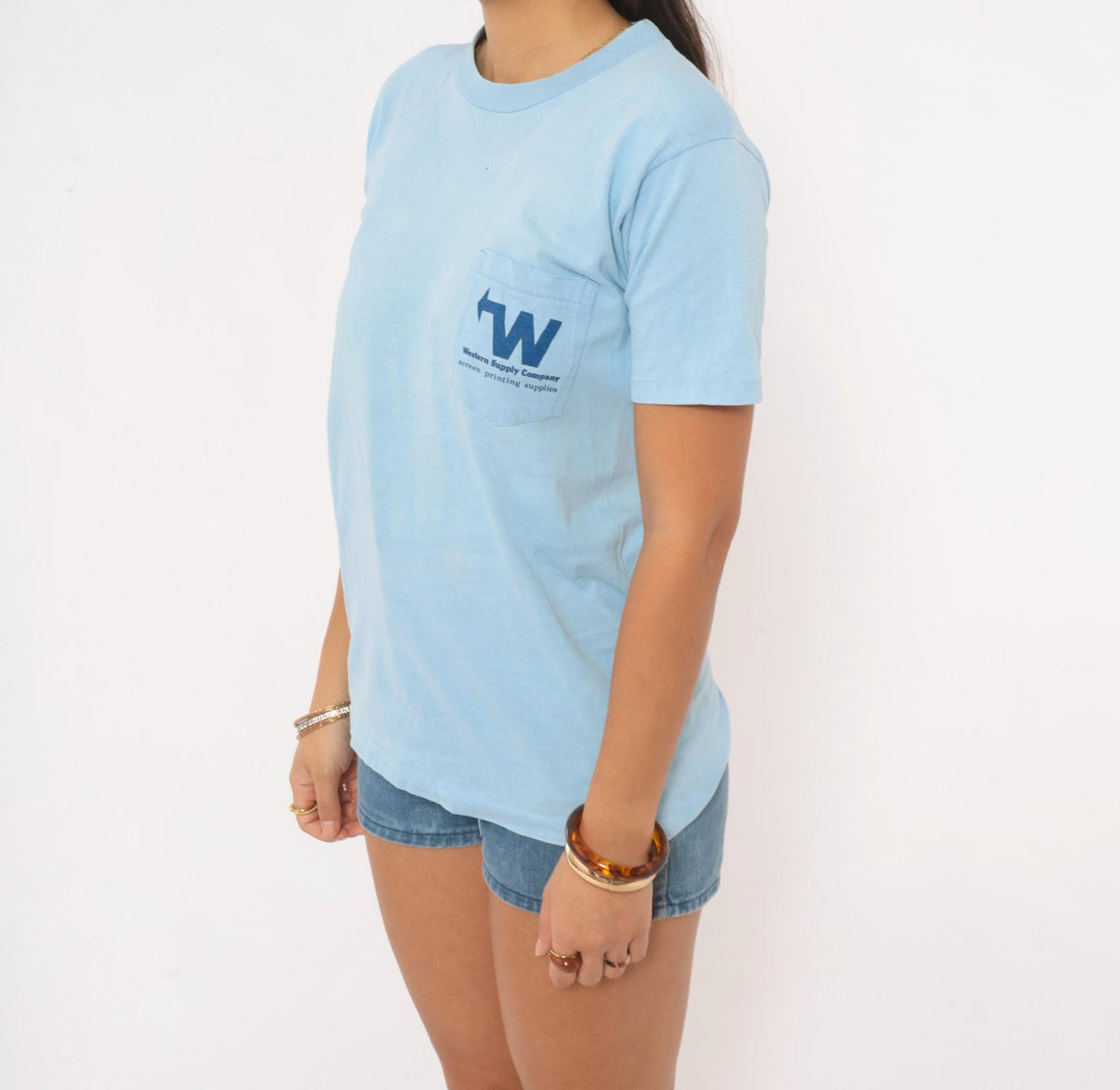 90s Western Supply Company Cowboy Bronco Pocket Tee Light Blue Small S