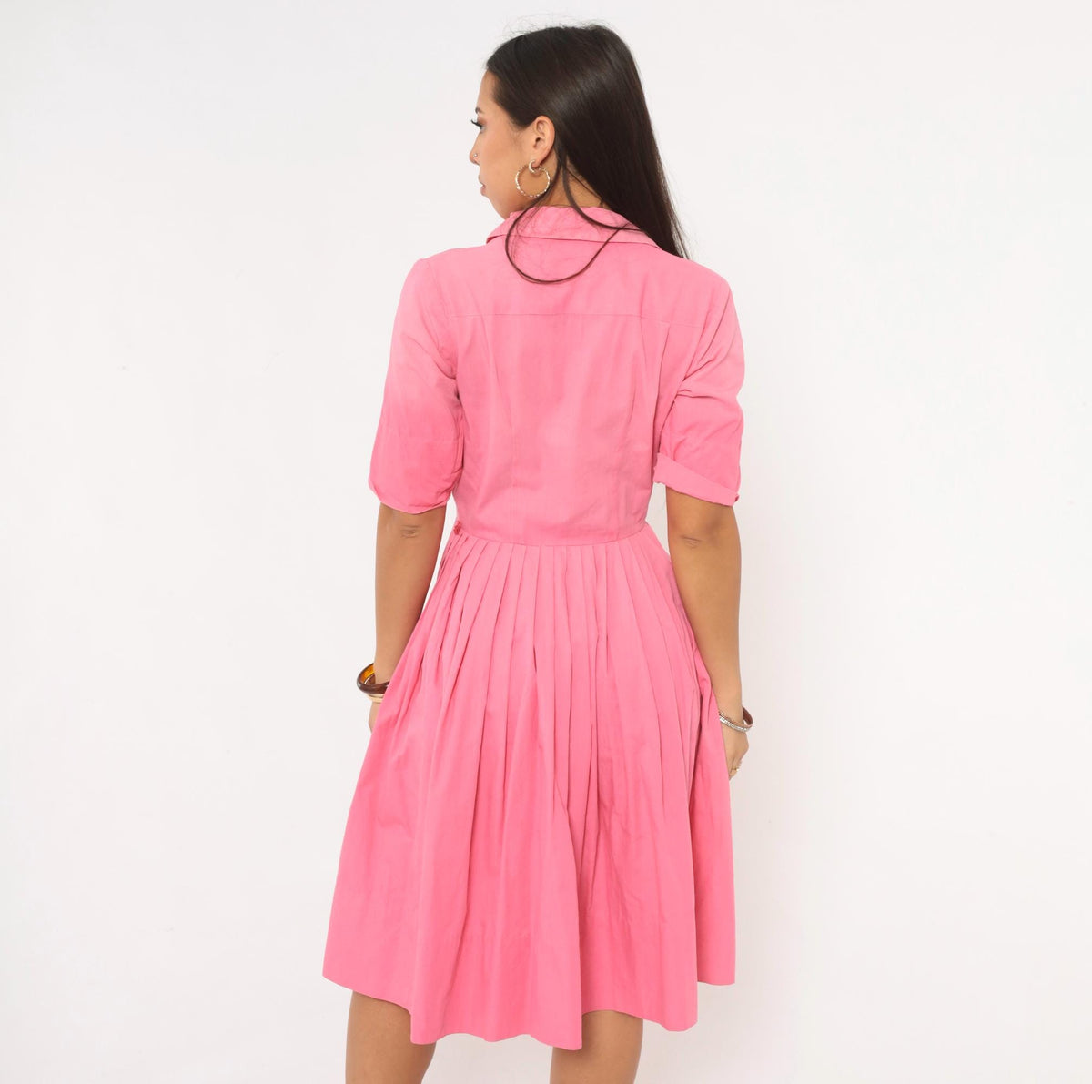 60s Pink Cotton Shirtdress Knife Pleated Knee-Length Button Front Small