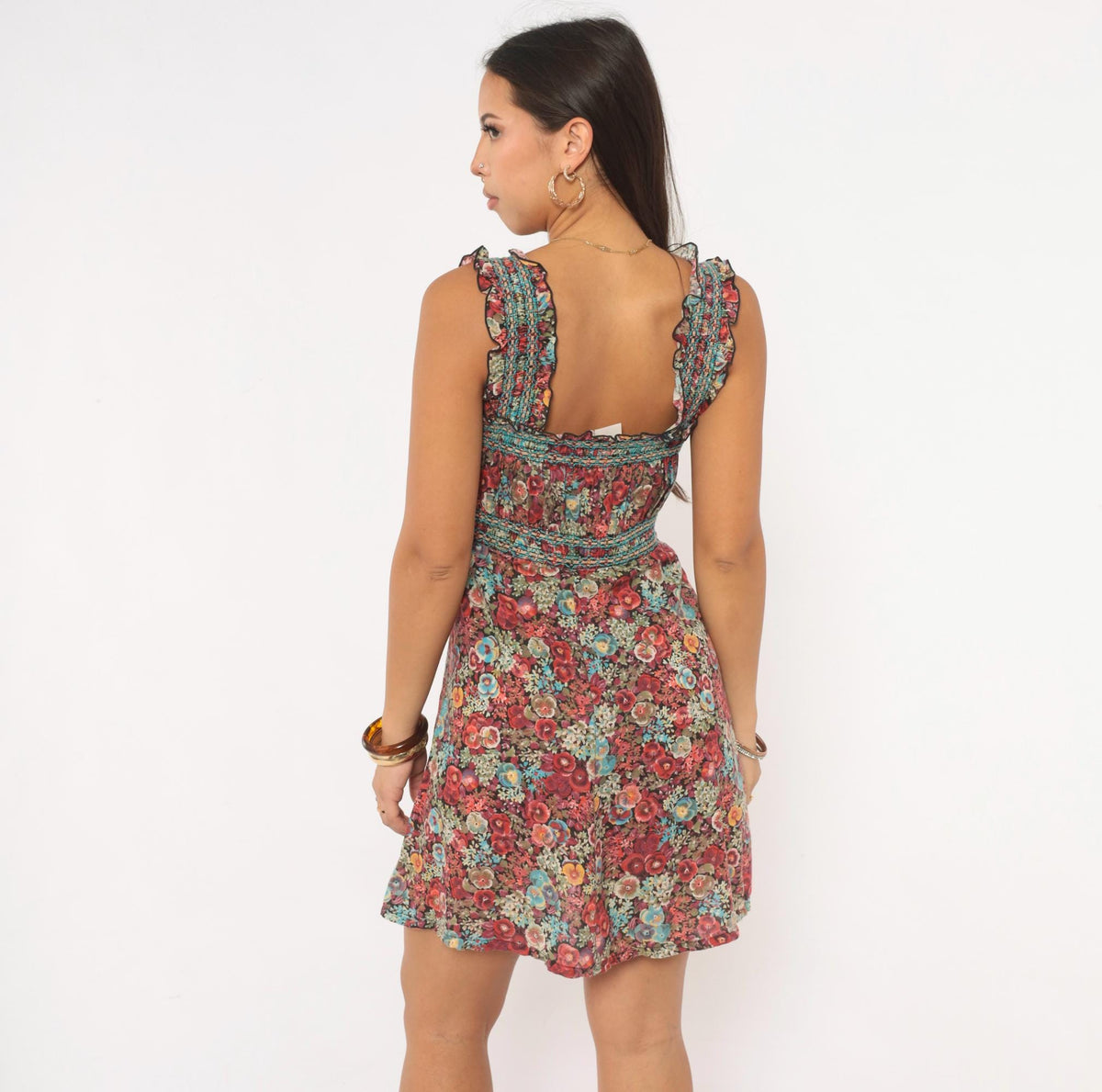 70s Floral Mini Dress Burgundy Blue Smocked Square Neck Ruffle Strap Small