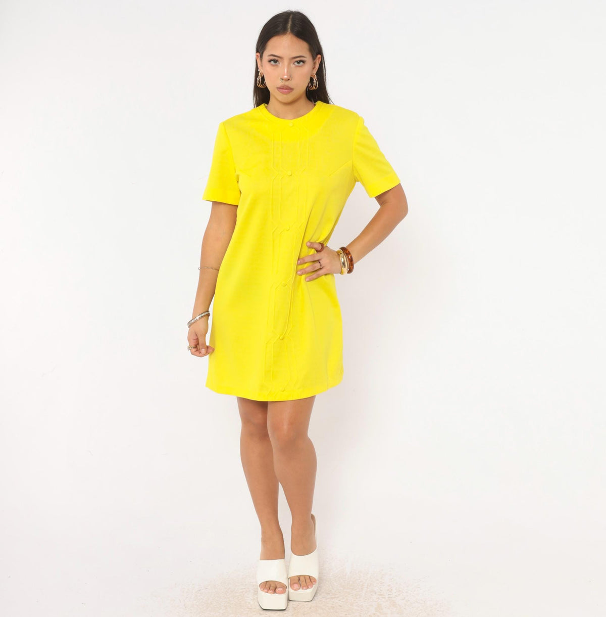 60s Nelly Don Yellow Shift Dress Mod Geometric Topstitch A-Line Large L