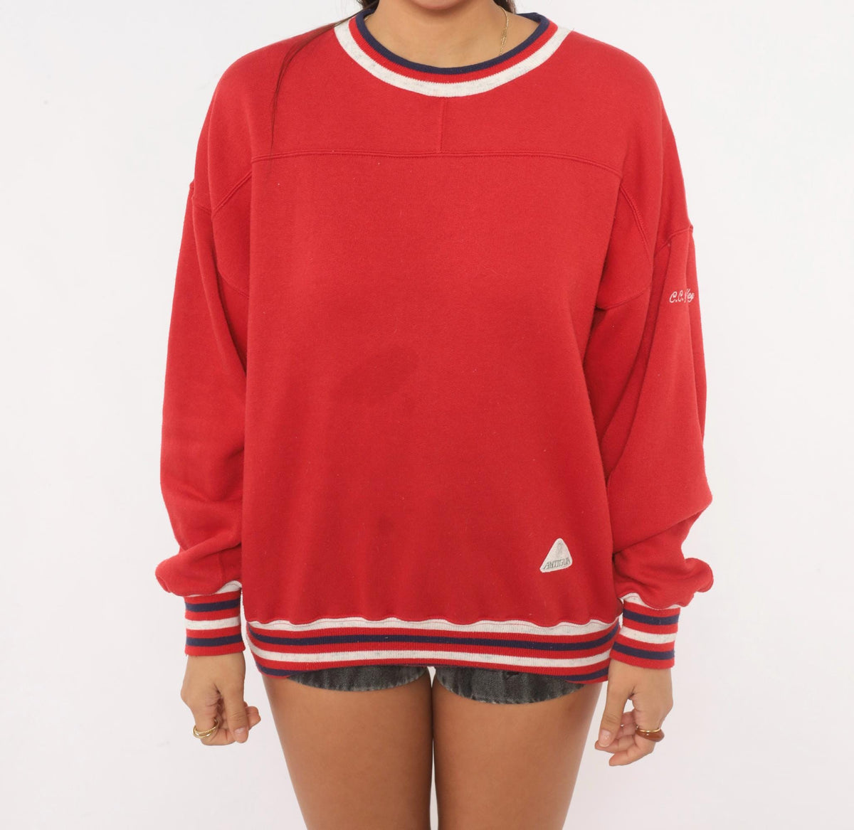 90s Red Crewneck Sweatshirt Striped Rib Trim Navy White Cotton Medium