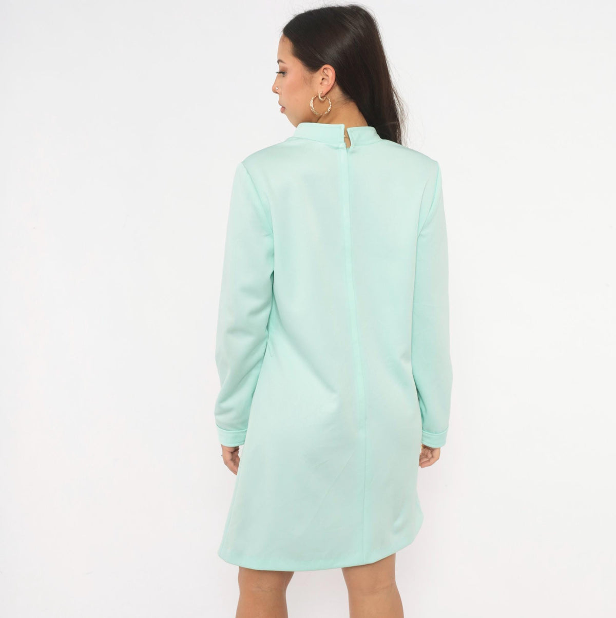 70s Sunshine Alley Mint Green Shift Dress Mandarin Collar Knee-Length Large L