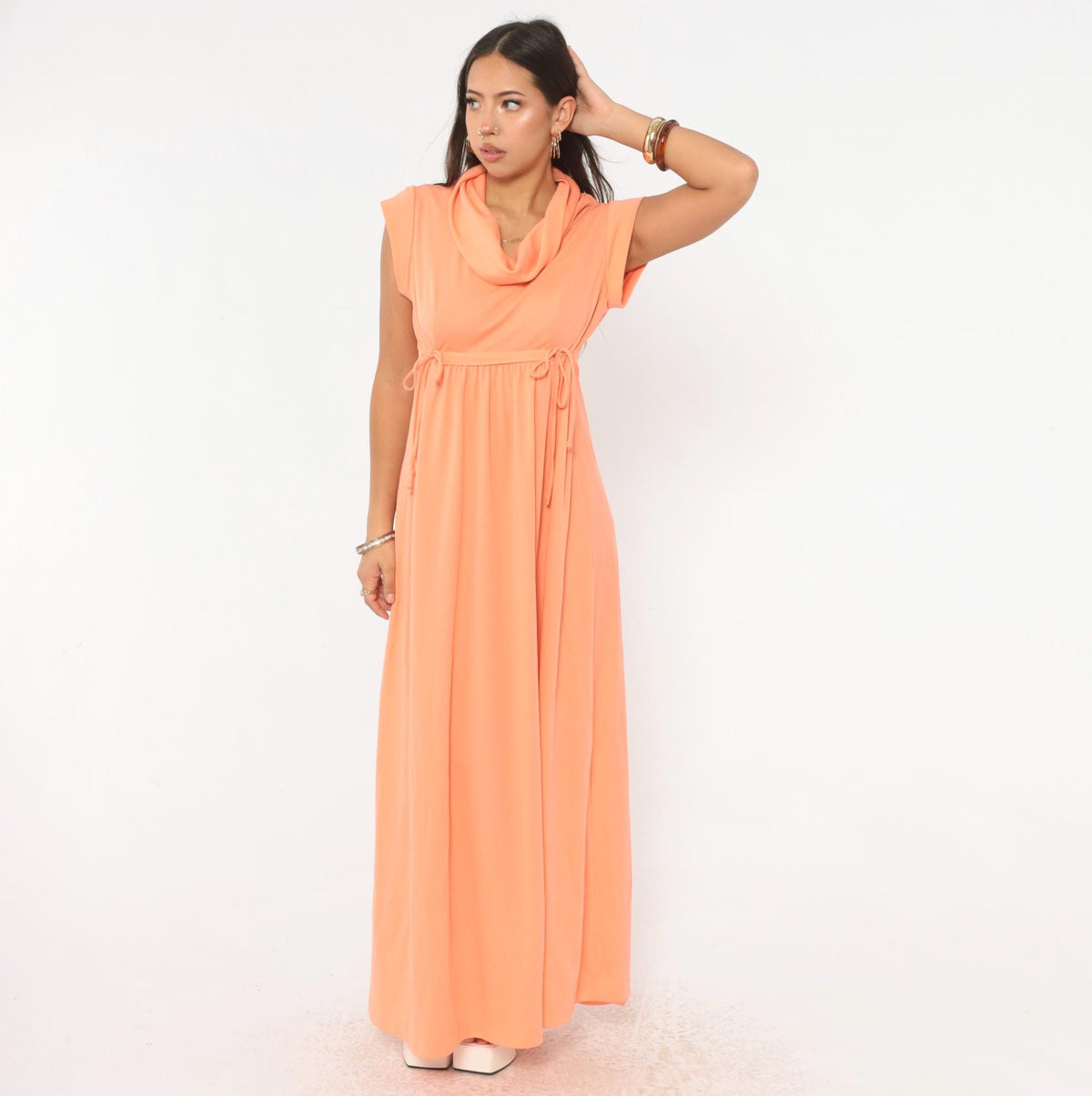 70s Peach Maxi Dress Cowl Neck Cap Sleeve Empire Waist A-Line Medium