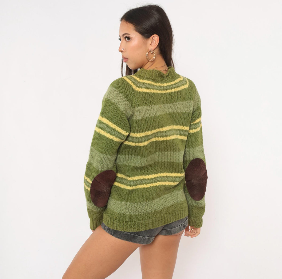 90s Olive Striped Wool Hand Knit Sweater Raglan Brown Elbow Patches Medium