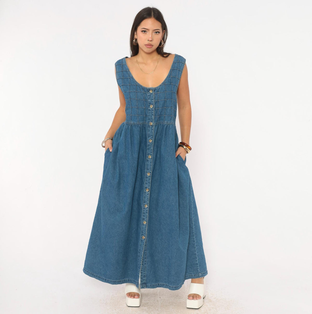 90s TY Original Wear Denim Jumper Dress Navy Cotton Quilted Bodice Plus Size 2X