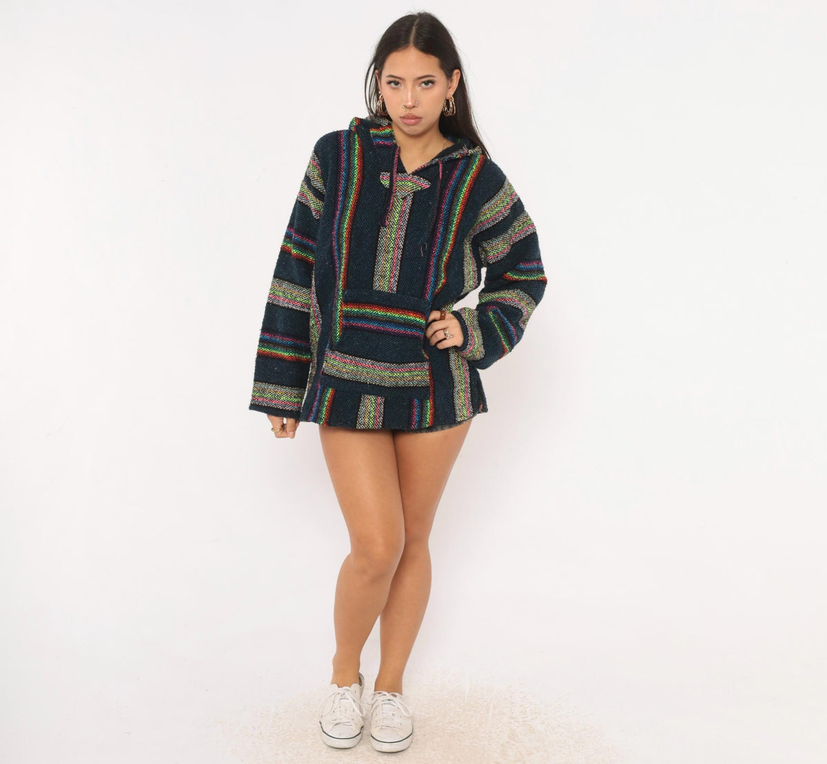 90s Navy Baja Hoodie Rainbow Stripe Woven Pullover Kangaroo Pocket Medium