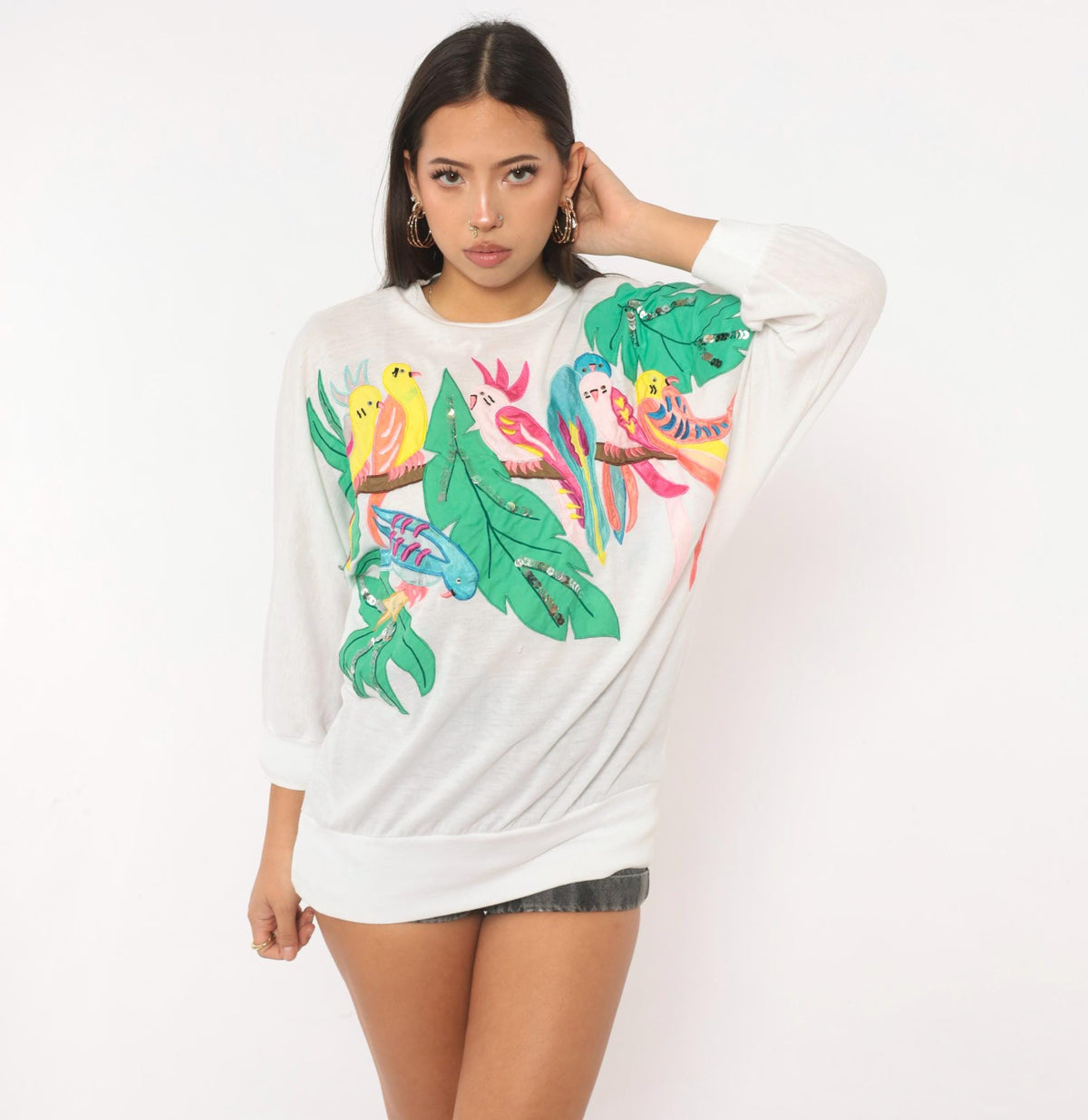 90s Bonnie Boerer Tropical Bird Applique Tee White Cotton Dolman Medium