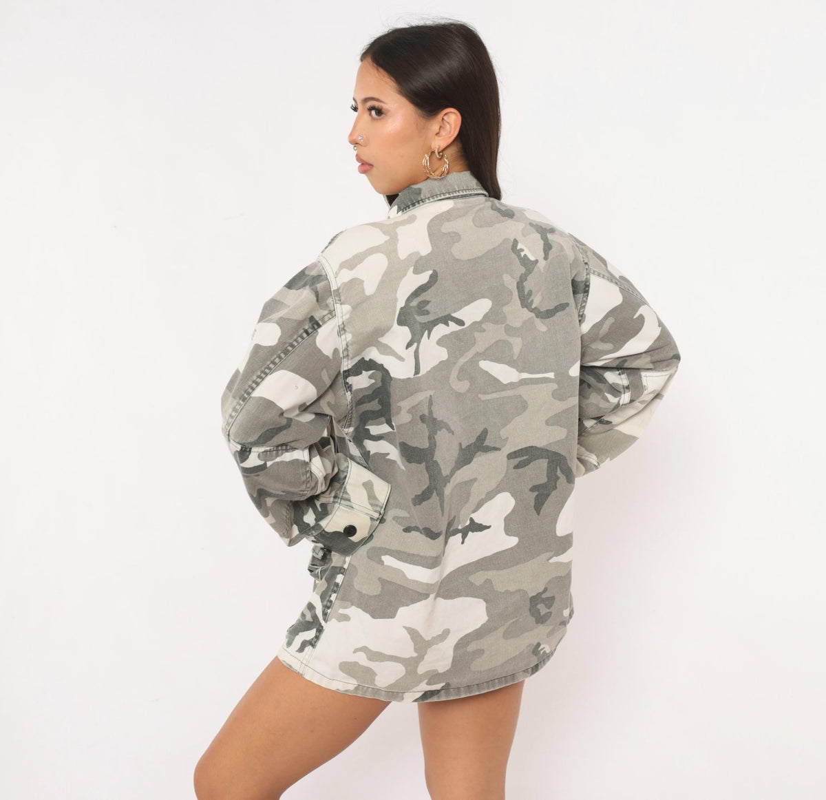 90s Camo Military Field Shirt White Grey Cotton Button Front Medium