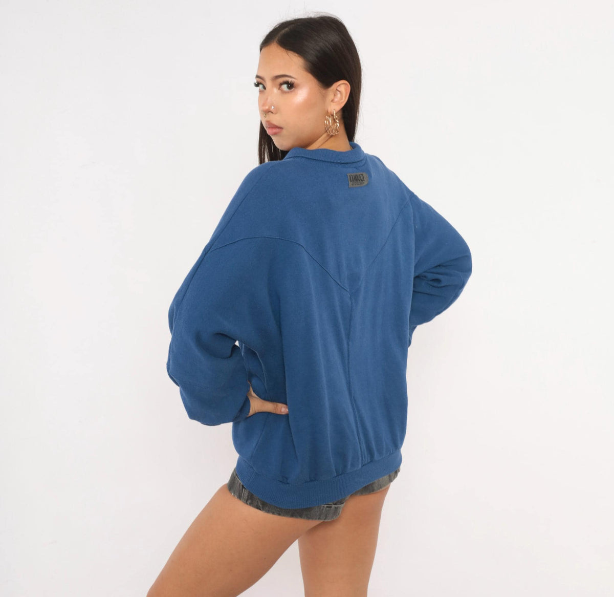 80s Cobalt Sweatshirt Chevron Quilted Panel Collared Cotler Small