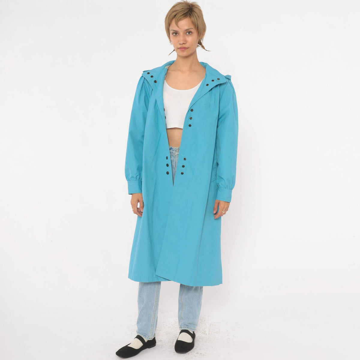 70s Blue Hooded Raincoat Snap Front Trench Puff Sleeve Medium