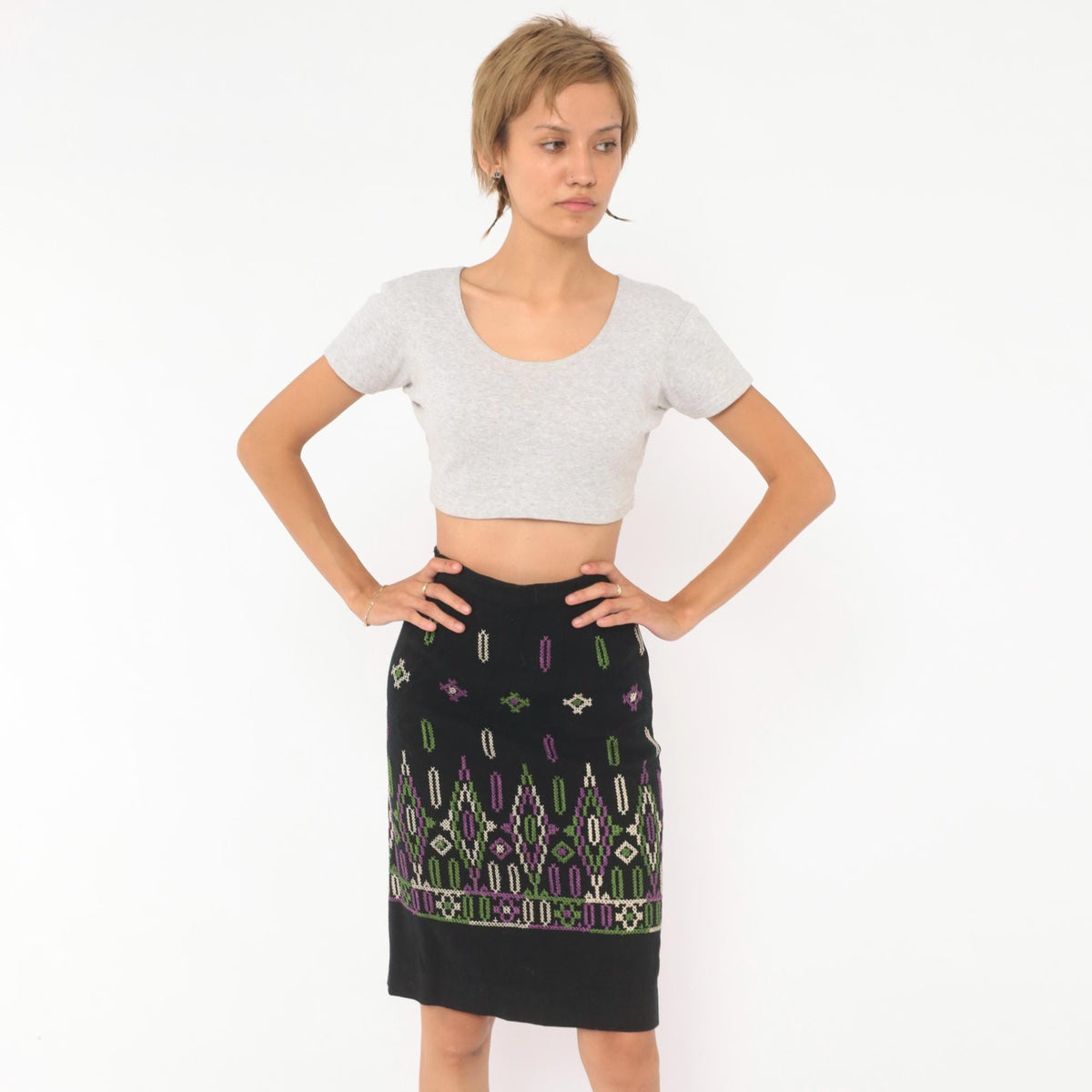 60s Black Wool Embroidered A-Line Skirt Purple Green Cross Stitch Extra Small XS
