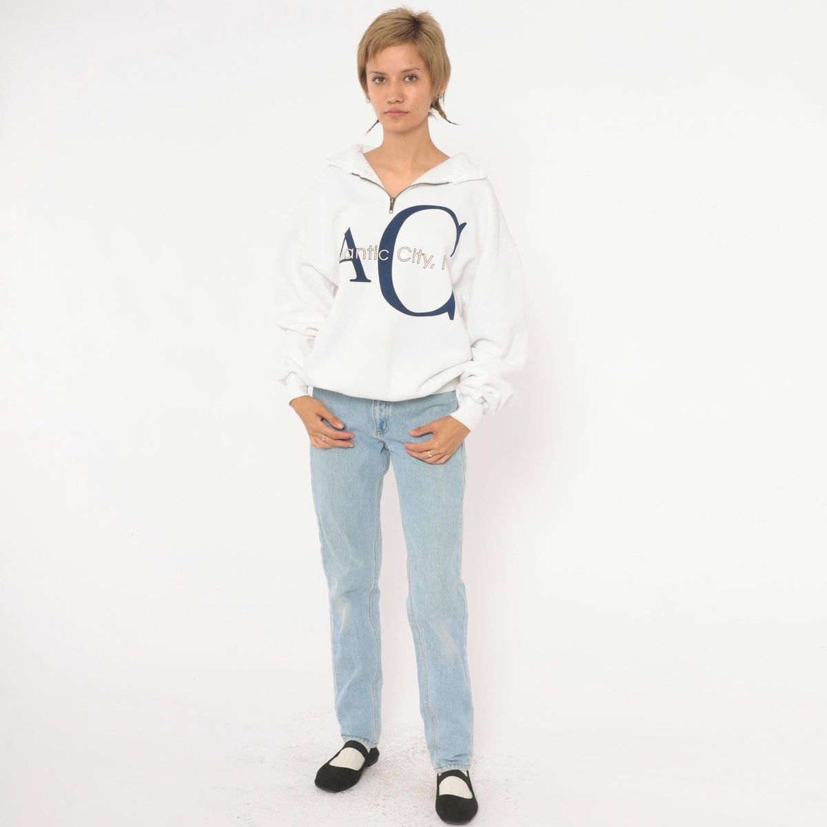 90s Jerzees Atlantic City Quarter Zip Sweatshirt White Navy Graphic Extra Large XL