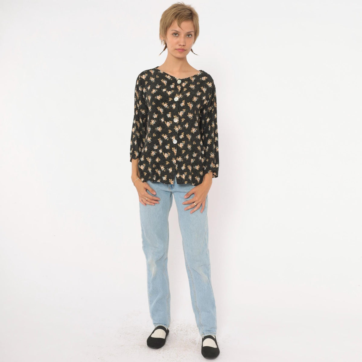 90s Black Floral Rose Print Button-Front Blouse Cream Tan Large L