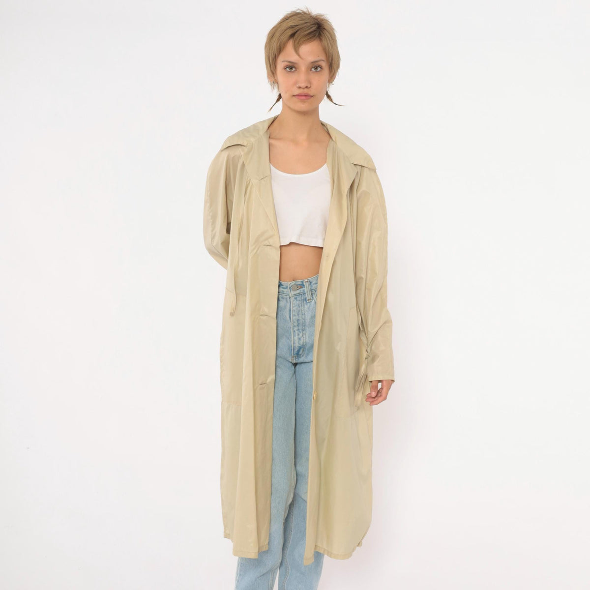 80s Aqua Sheen Cream Nylon Trench Coat Pointed Collar Midi Length Medium M