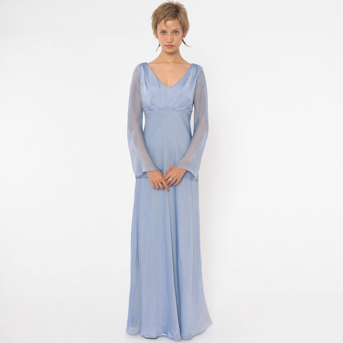90s Michaelangelo Periwinkle Maxi Dress Empire Waist Beaded V Neck Small