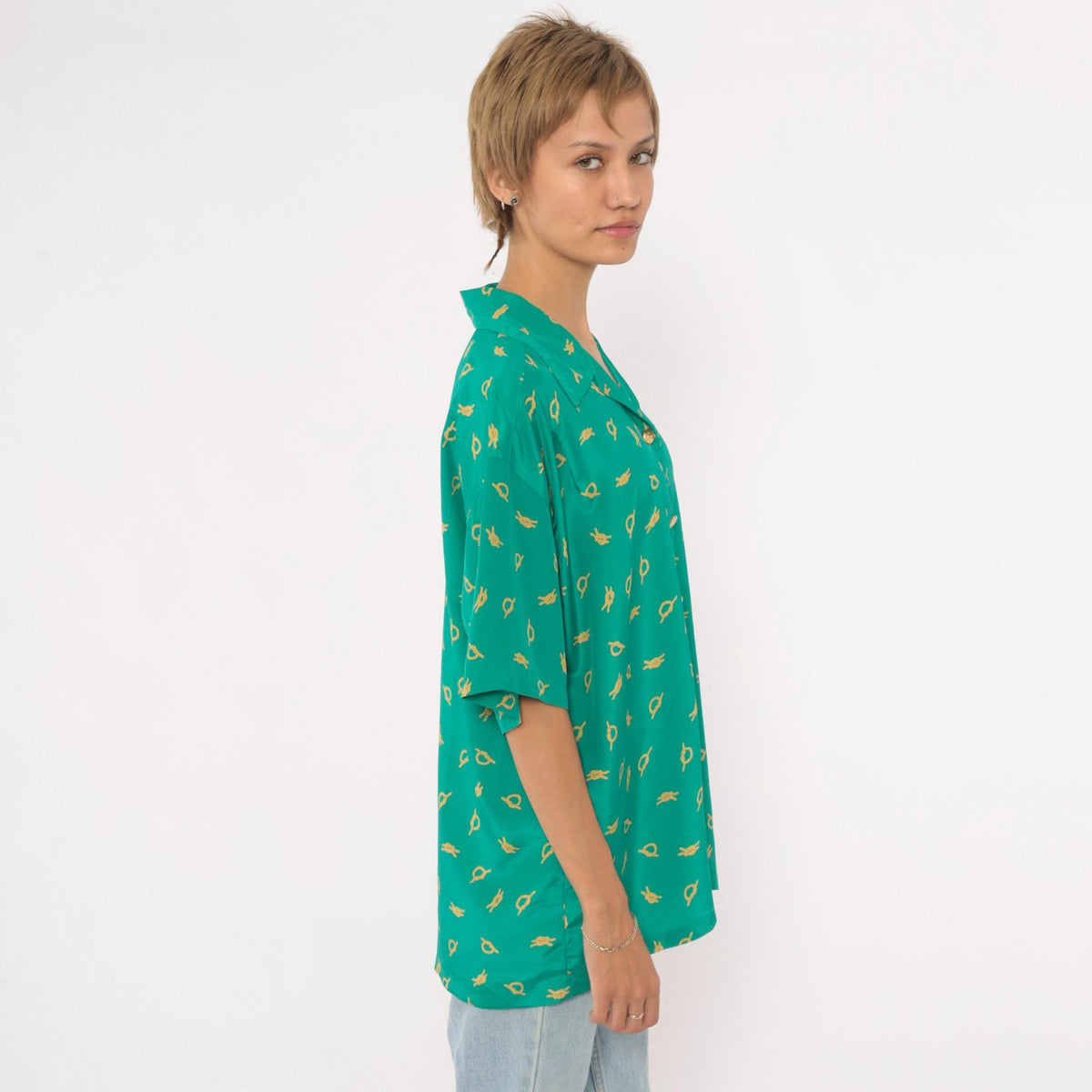 90s Leslie Fay Nautical Knot Print Blouse Teal Camp Collar Large L