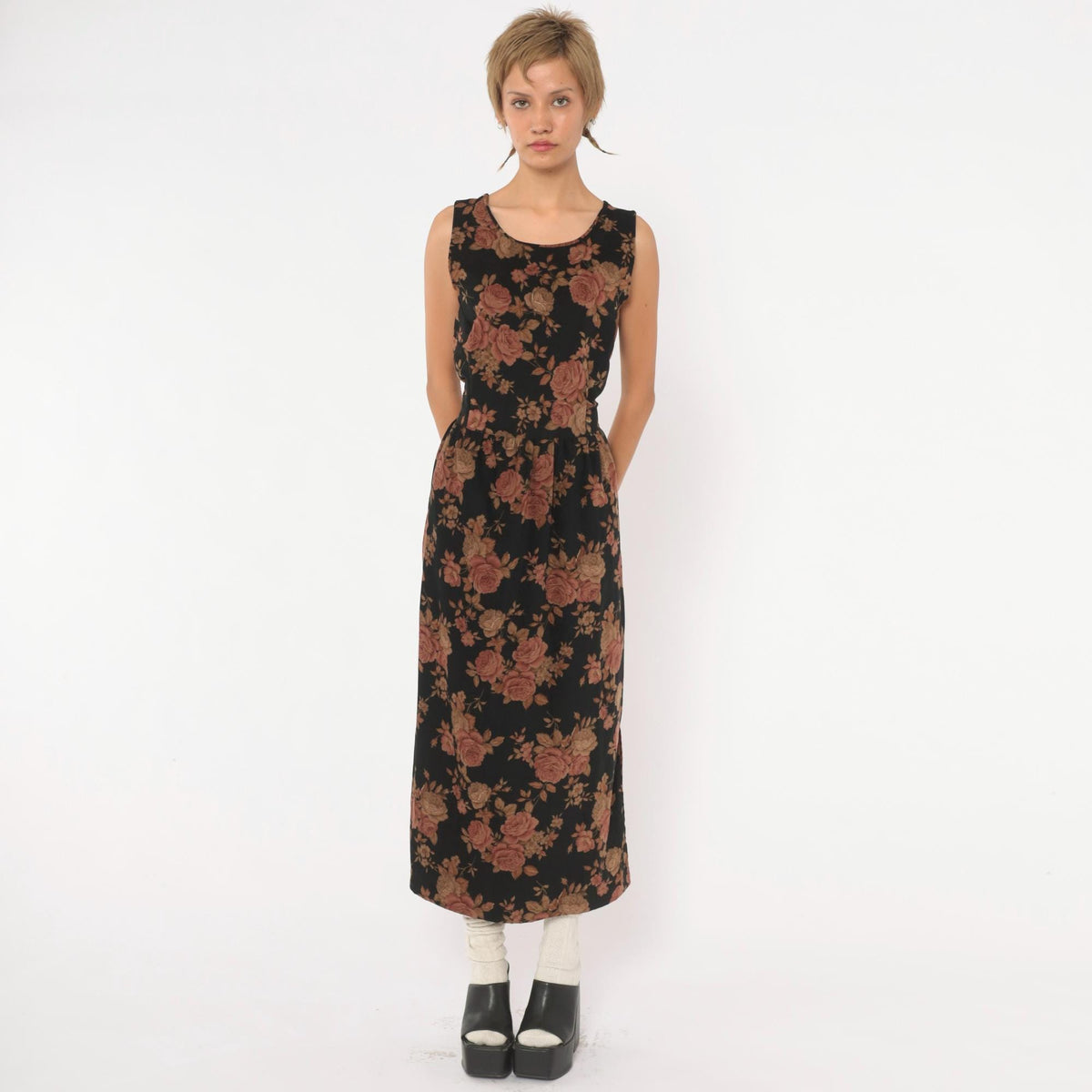 90s Black Floral Velour Dress Rose Print Tie Back Ankle Length Small S