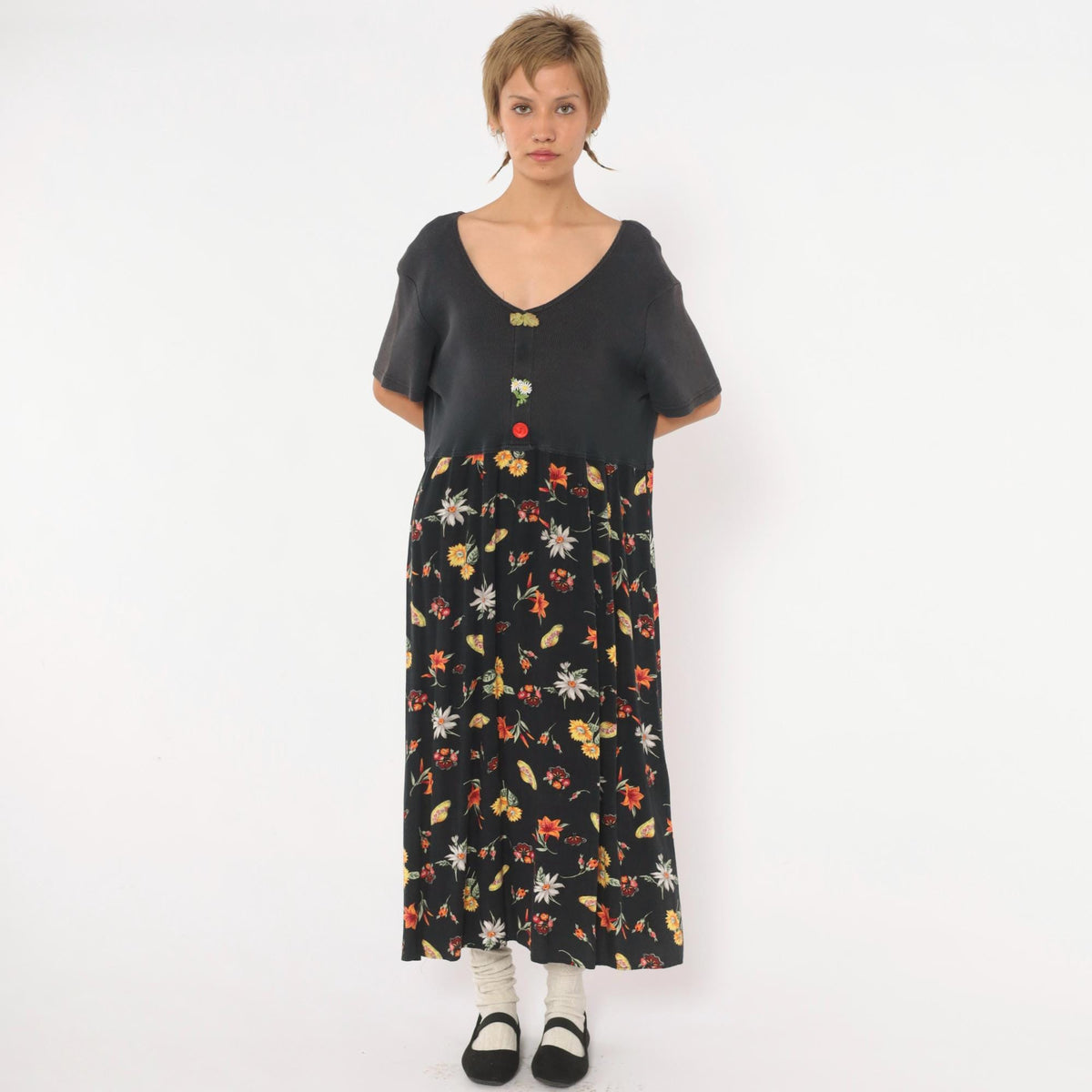 90s Petite Impressions Black Floral Midi Dress Ribbed Knit V Neck Large L