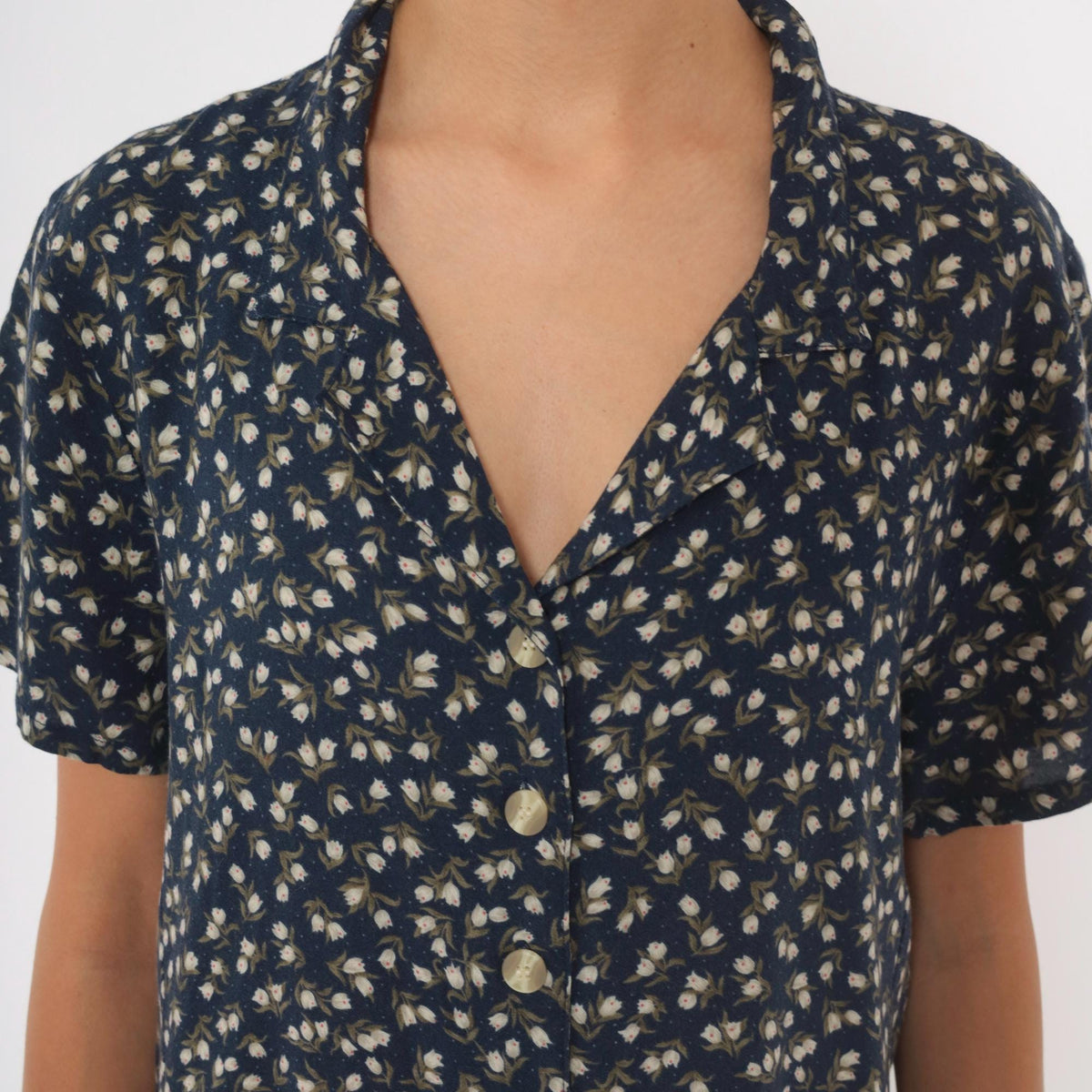 90s Chico's Design Navy Floral Midi Shirt Dress Pearl Buttons Medium M
