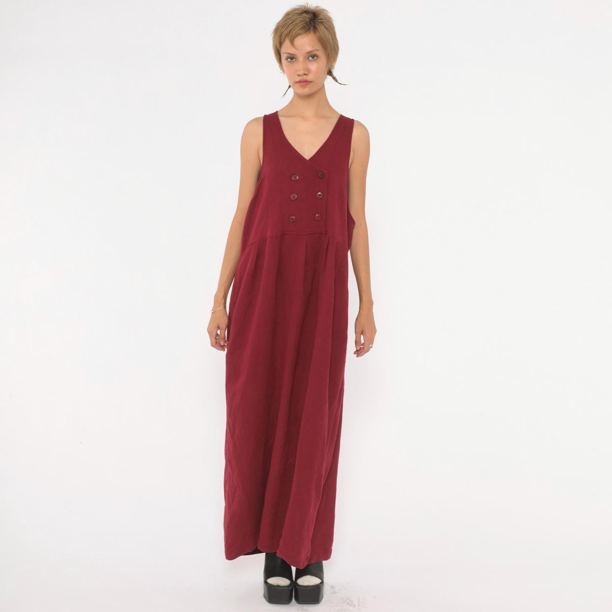 90s Burgundy Maxi Pinafore Dress V Neck Double Breasted Sleeveless Medium M
