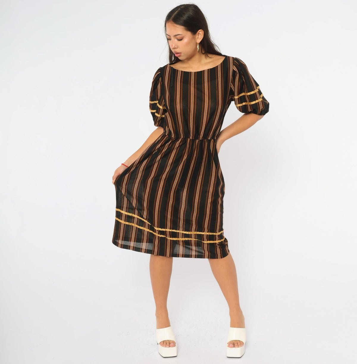 80s Jane Baar Striped Dress Puff Sleeve Gold Ribbon Trim Knee Length Small