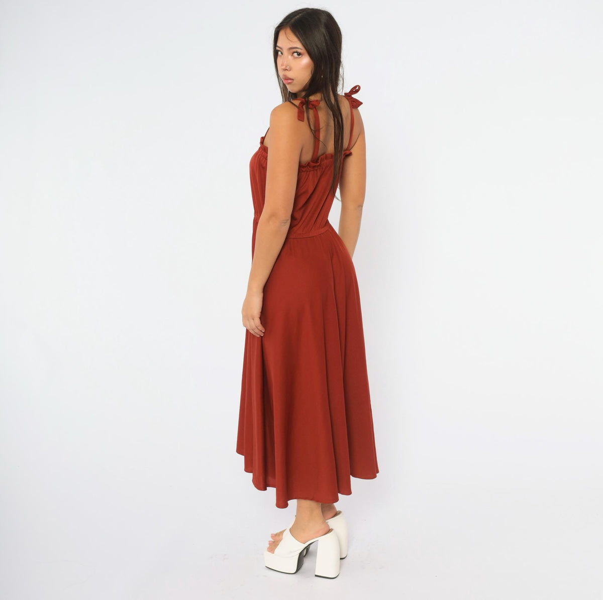 70s Rust Red Midi Dress Tie Shoulder Sleeveless A-Line Full Skirt Small
