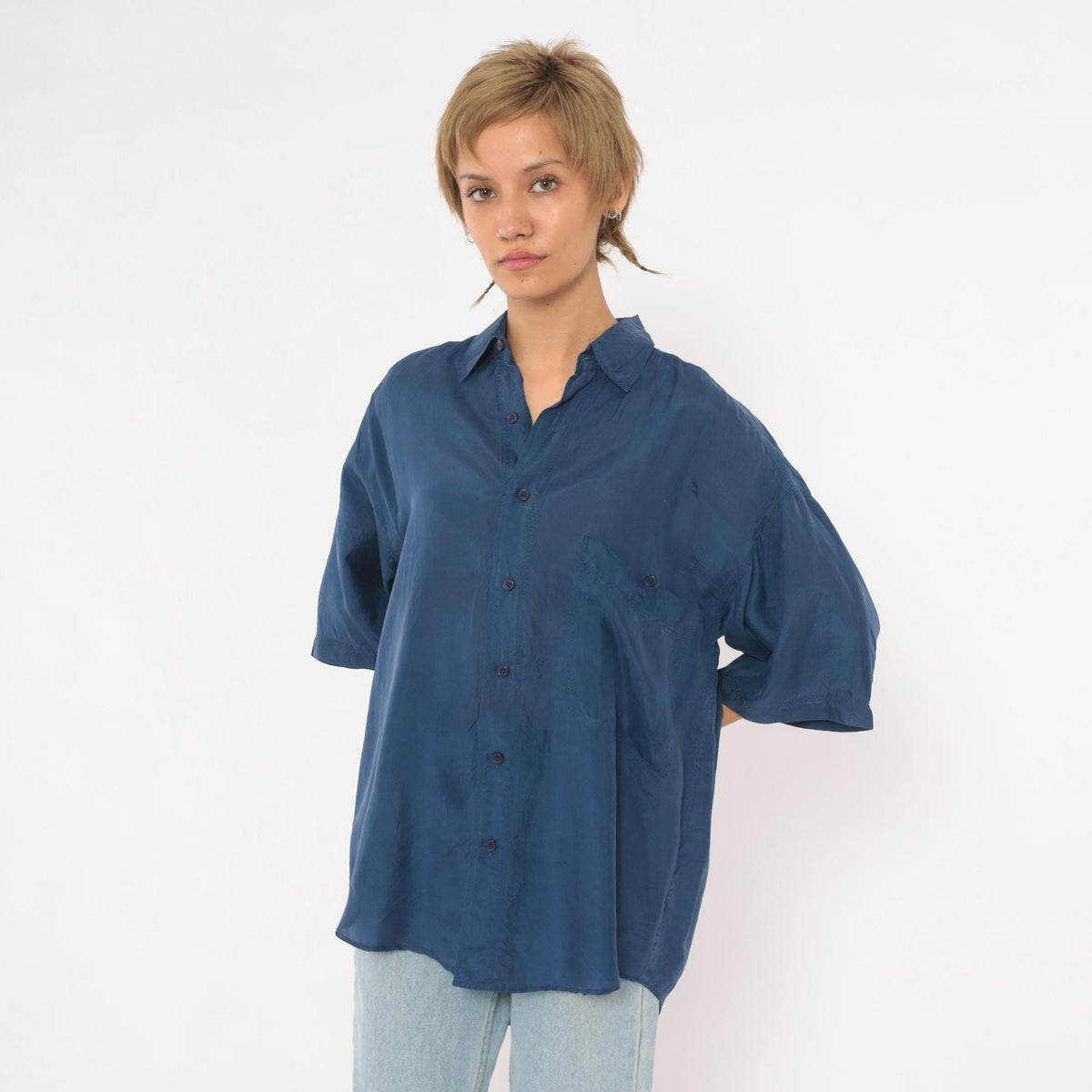 90s Franco Biani Navy Silk Button-Up Shirt Small