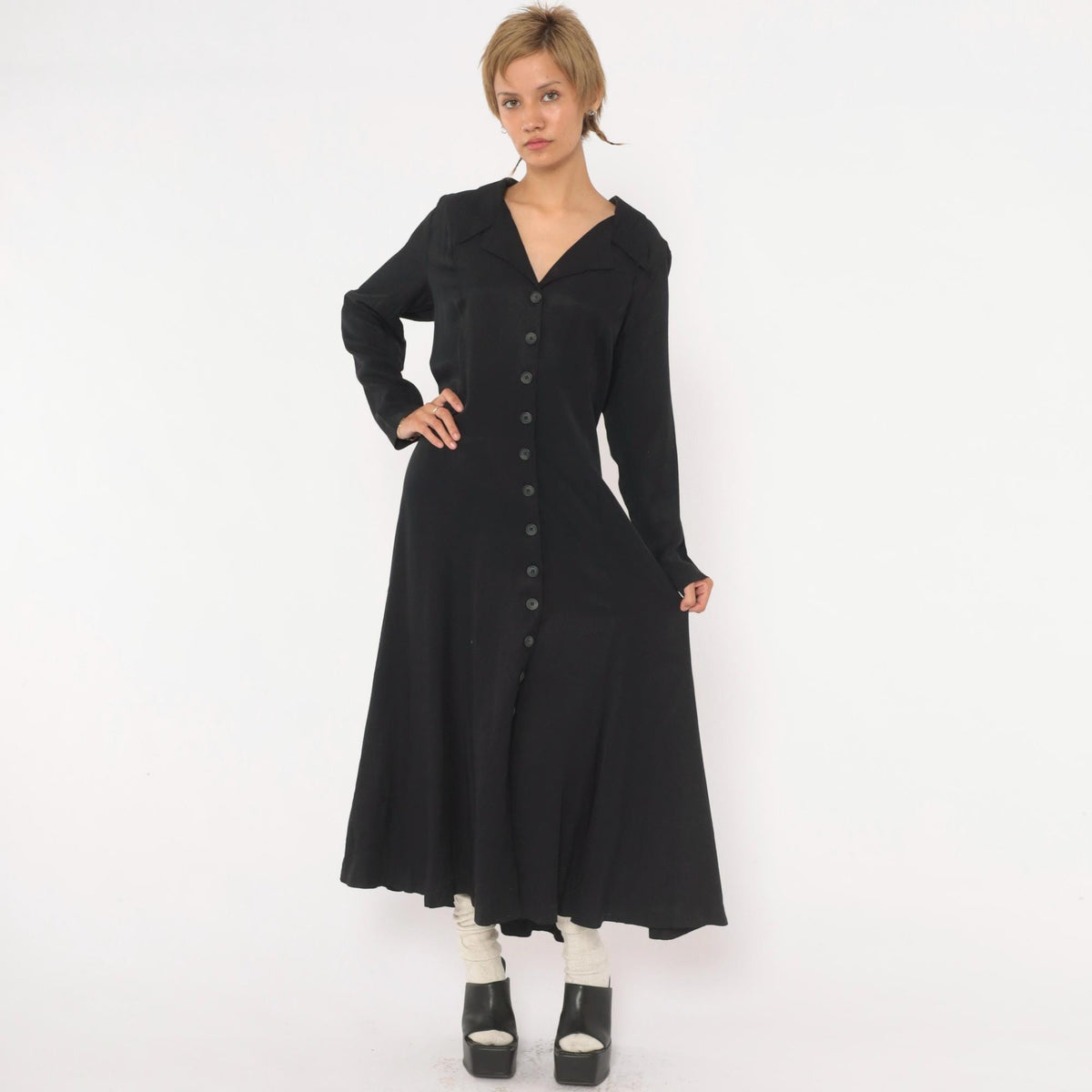 90s Cosmopolitan Black Midi Dress Collared V Neck Corset Lace Up Large L