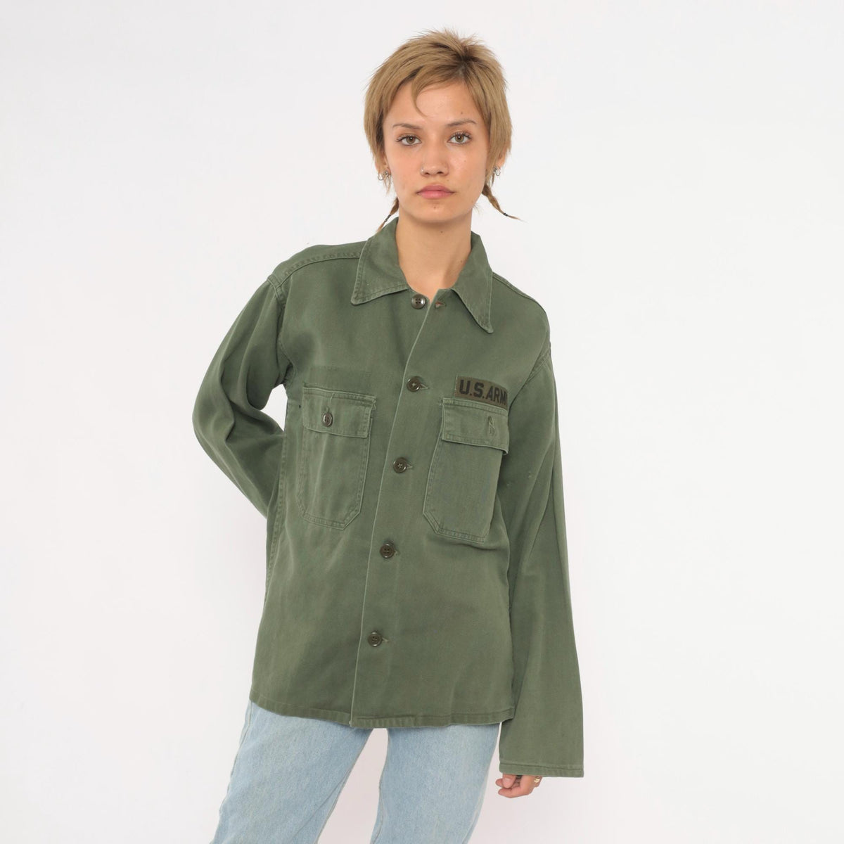90s US Army Olive Green Button-Up Shirt Cotton Utility Field Top Small