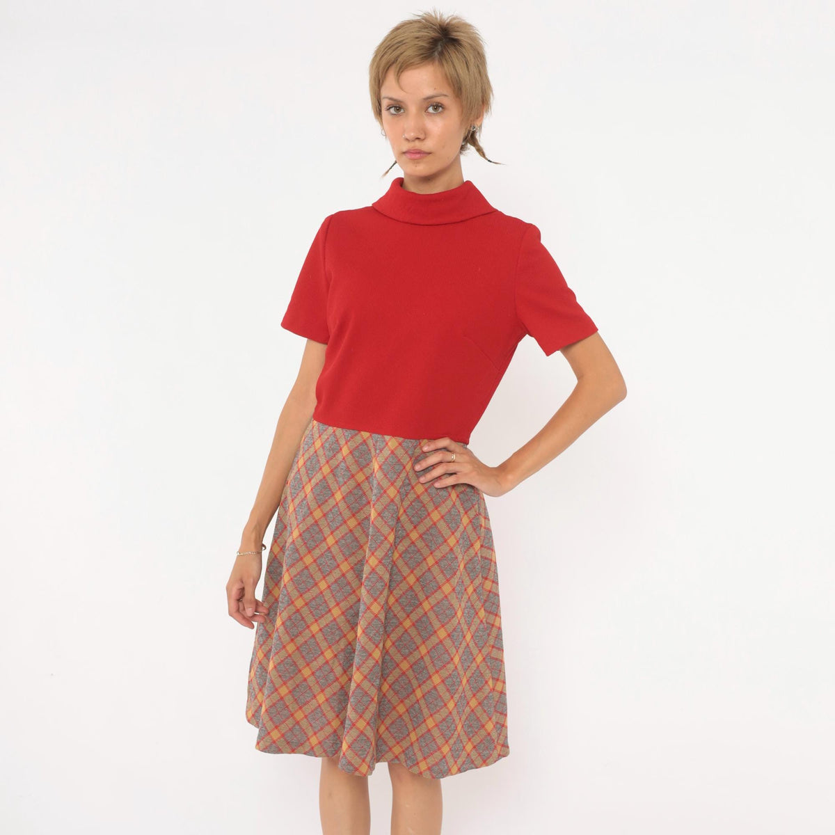 60s Mod Dress Red Plaid A-Line Mock Neck Short Sleeve Knee Length Medium M