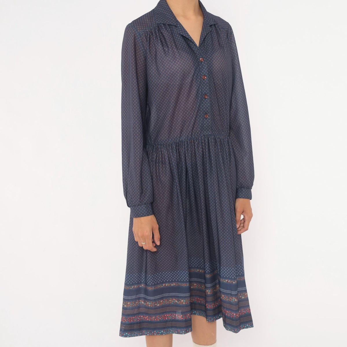 70s Navy Diamond Print Drop Waist Dress Collared Button Front Medium
