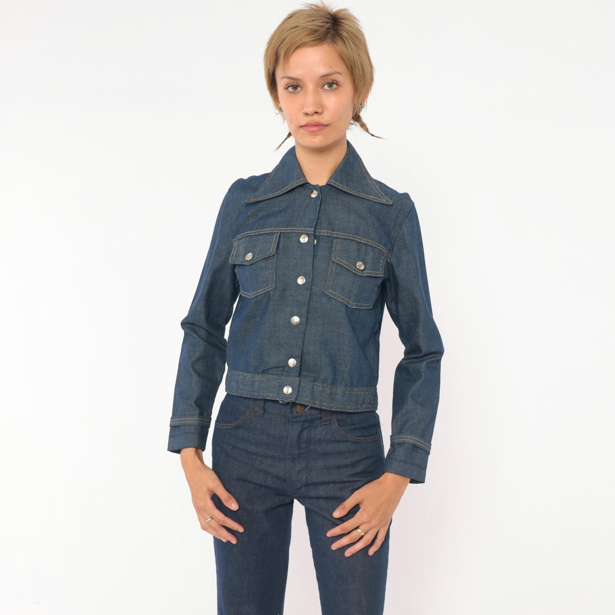 80s Bogart of Texas Denim Two Piece Set Cobalt Blue Cropped Jacket Flare Jeans Extra Extra Small XXS