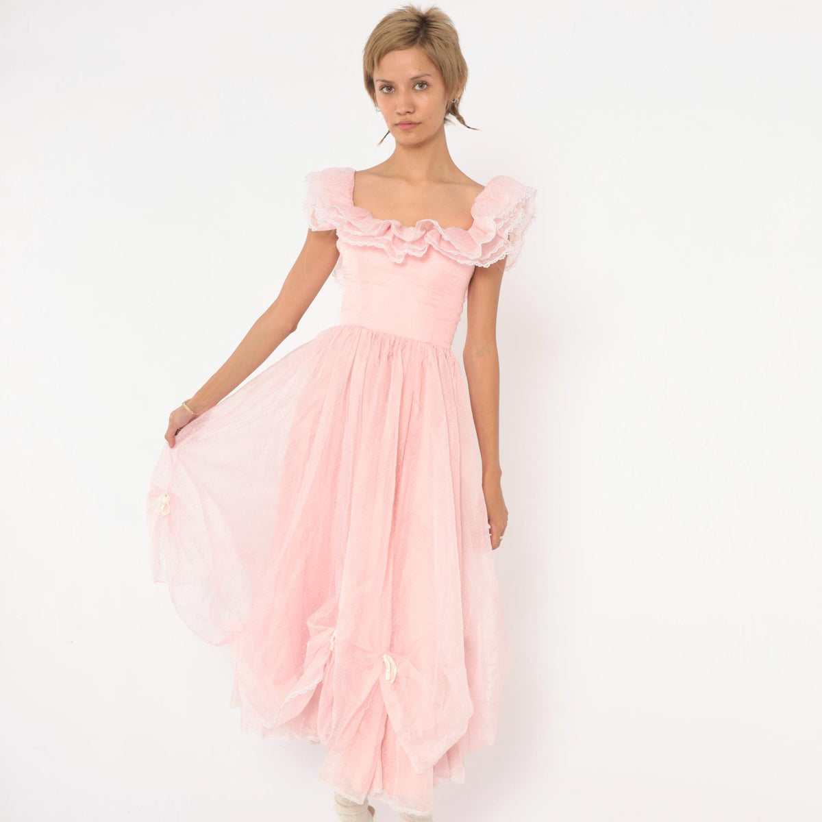 70s Pink Swiss Dot Midi Party Dress Ruffle Neckline Lace Trim XXS