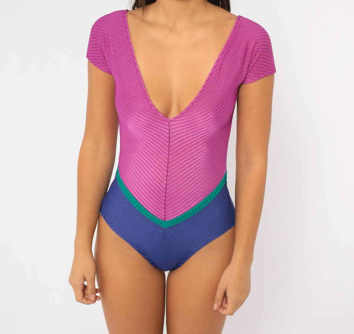 80s Gilda Marx One-Piece Swimsuit Purple Blue Teal Color Block Deep V Small