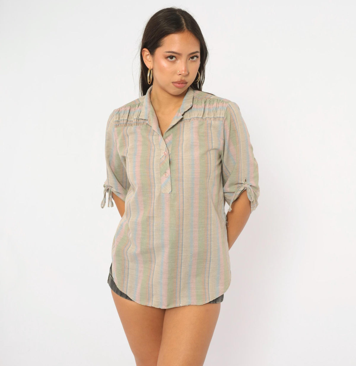 80s Caribou Pastel Striped Cotton Blouse Tie Sleeve Collared V Neck Large L