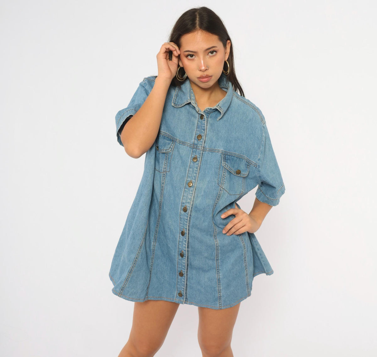 90s Switch II Denim Shirt Light Wash Cotton Short Sleeve Plus Size XXL
