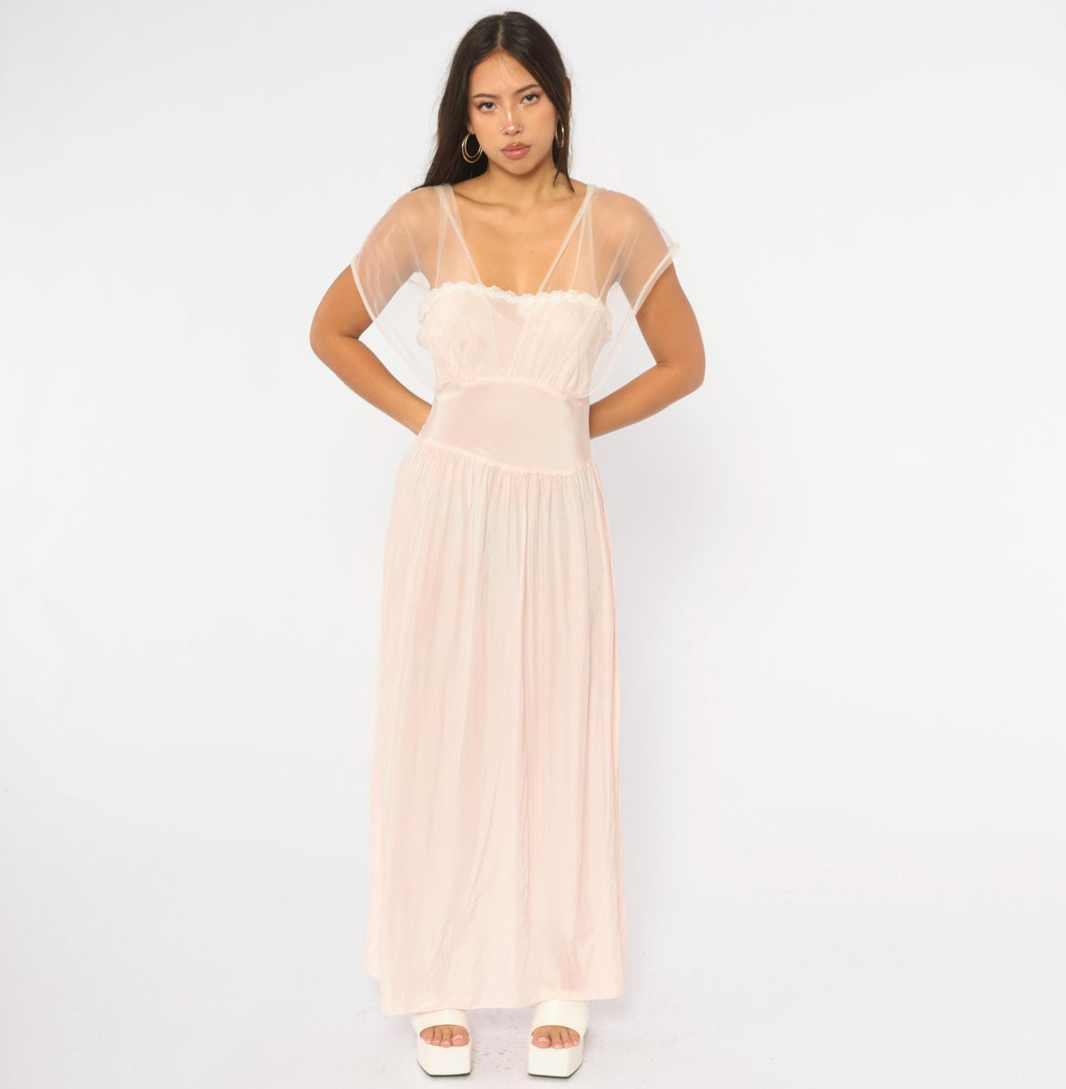 1940s Pink Tulle Nightgown Lace Trim Maxi Slip Dress Cap Sleeve Small