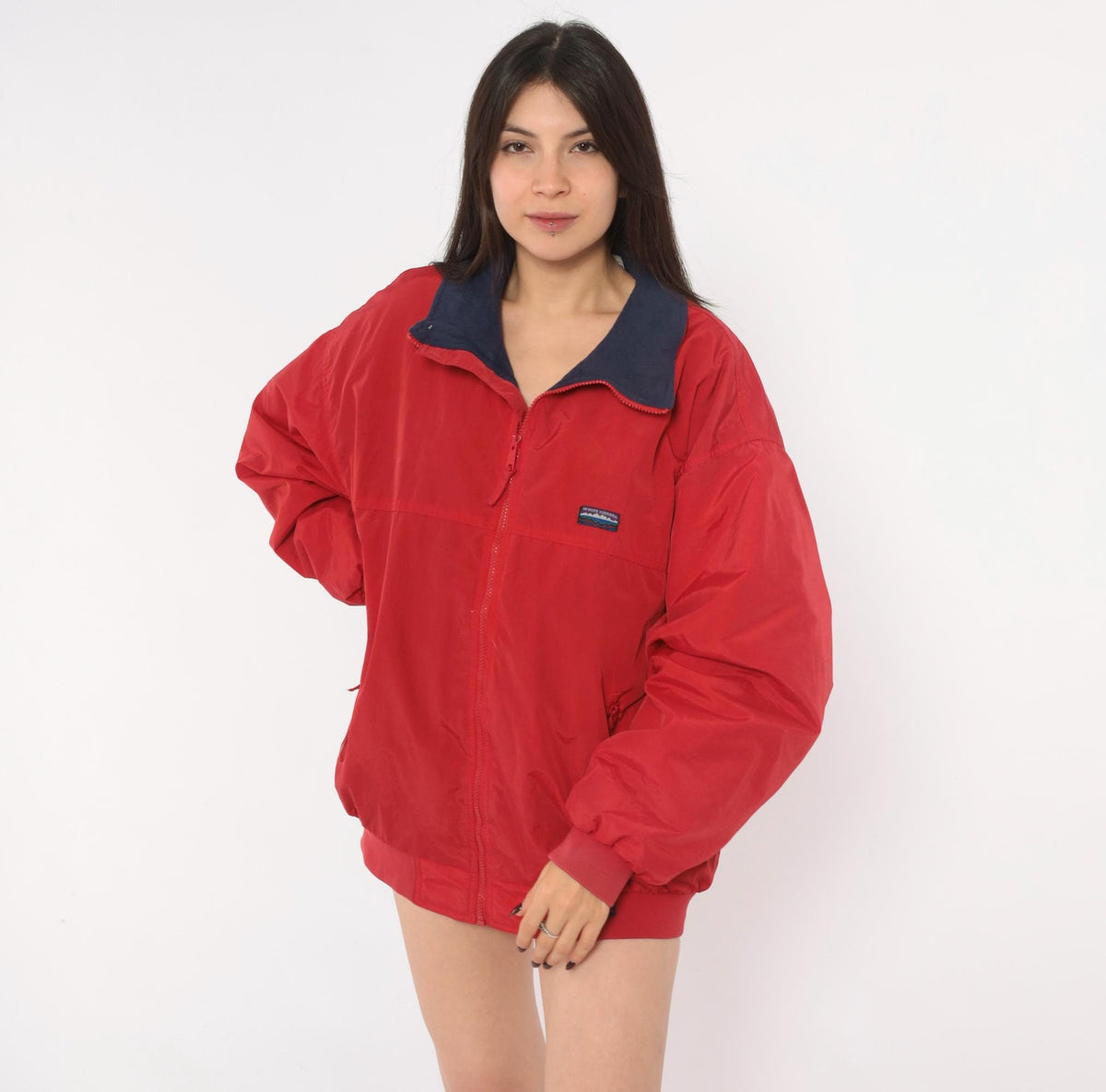 90s White Sierra Red Bomber Jacket Navy Fleece Lined Windbreaker Large L