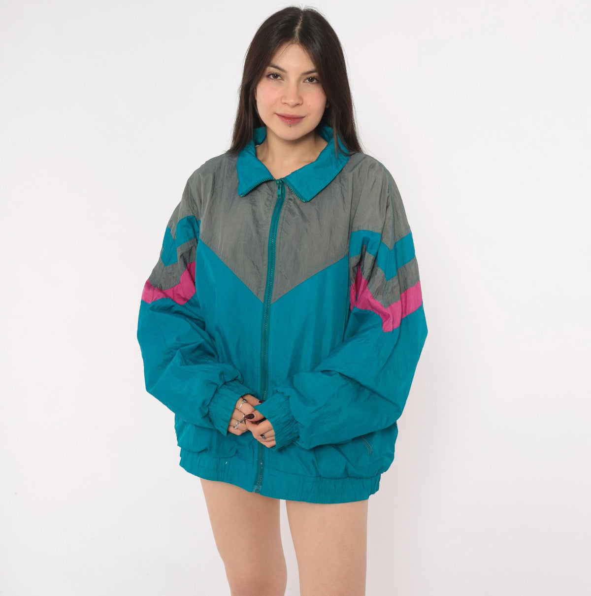 90s Pacific Sports Windbreaker Teal Blue Chevron Colorblock Jacket Large L