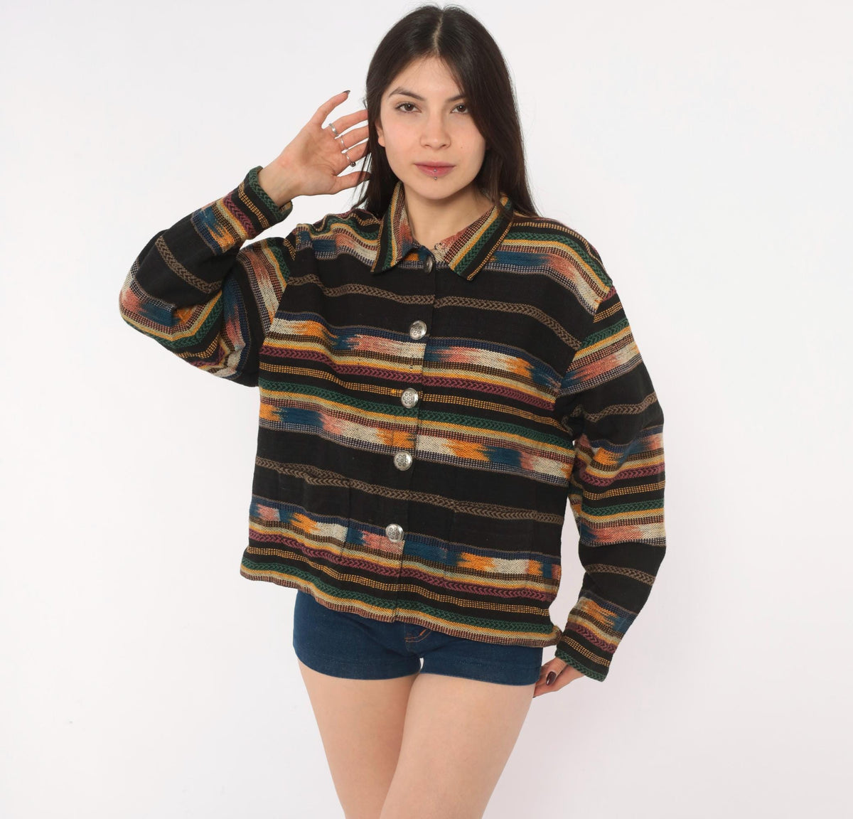 90s TanTrums Southwestern Woven Jacket Black Tapestry Concho Button Medium