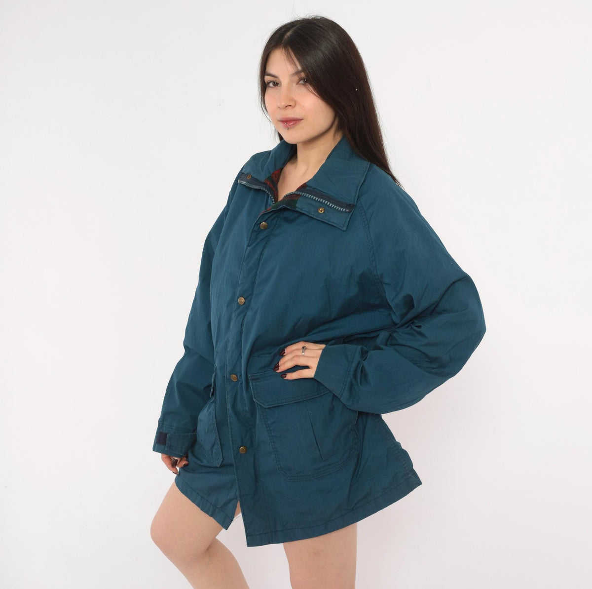 80s Woolrich Navy Barn Jacket Plaid Flannel Lined Raglan Medium