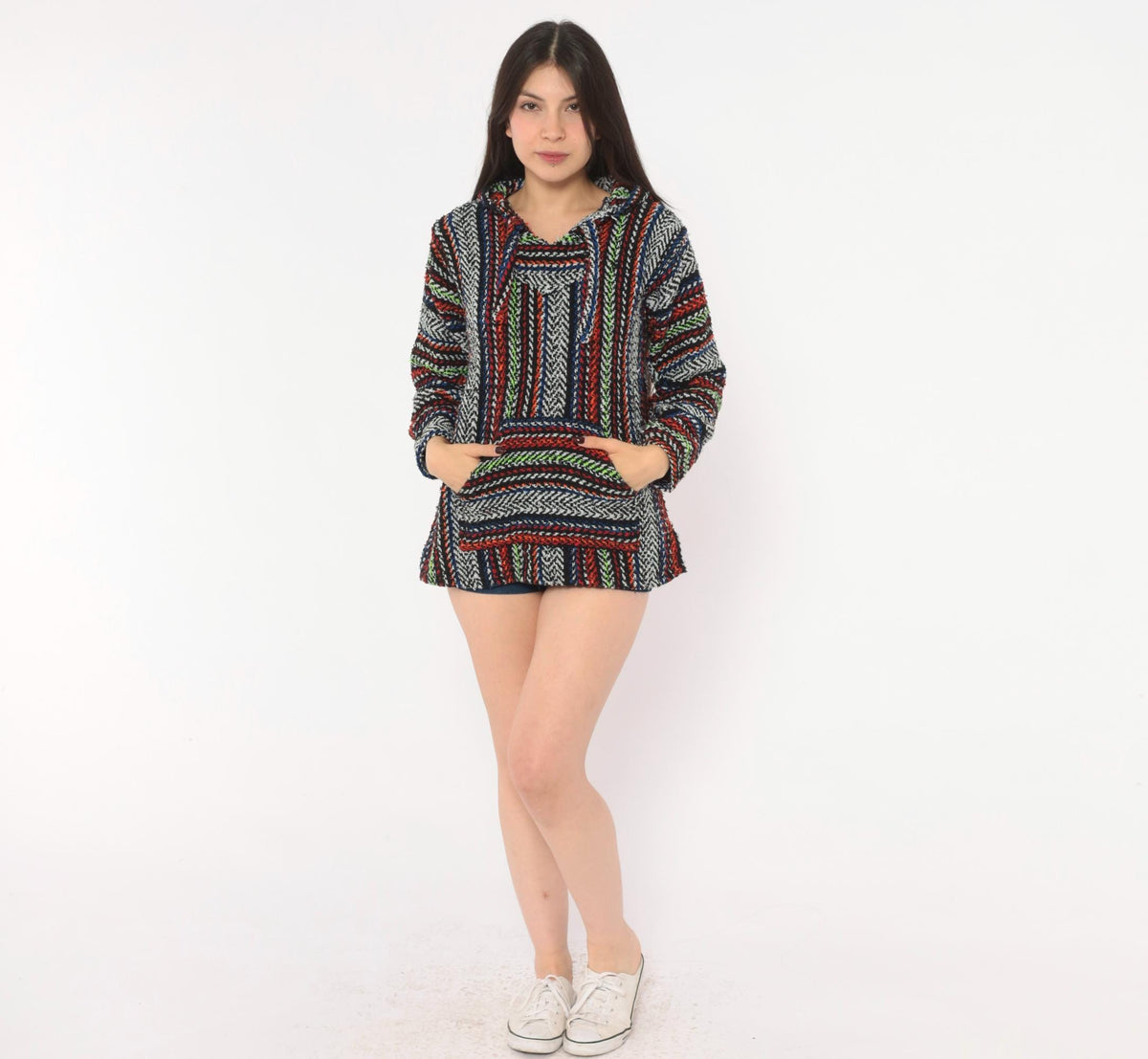 90s Earth Ragz Baja Hoodie Black Rainbow Striped Woven Pullover Extra Small XS