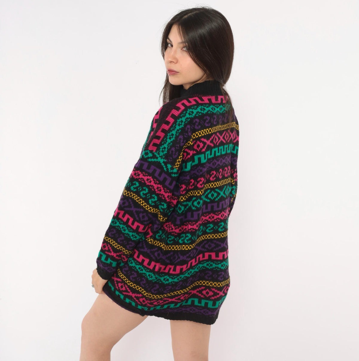 90s Private Eyes Fair Isle Sweater Black Rainbow Geometric Knit Large L