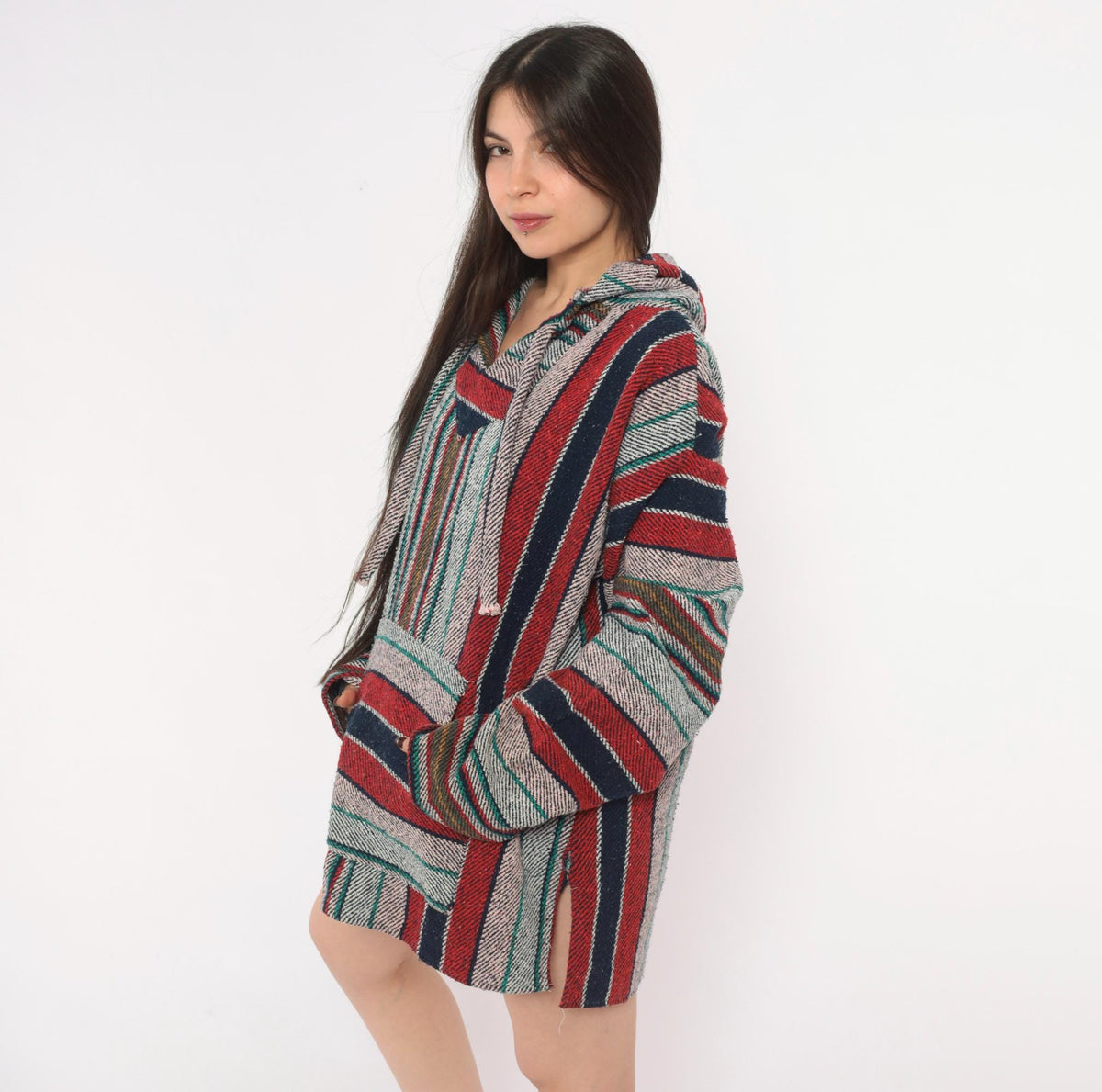 90s Baja Hoodie Red Navy Striped Woven Pullover Unisex Extra Large XXL