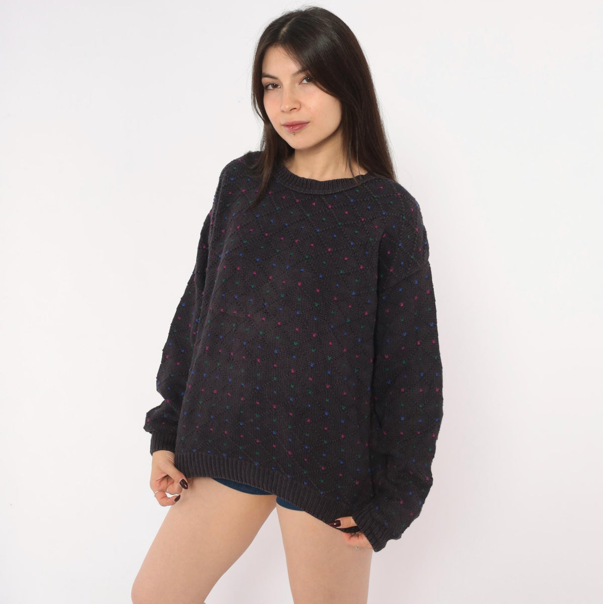80s Eddie Bauer Cotton Knit Pullover Navy Diamond Pattern Medium