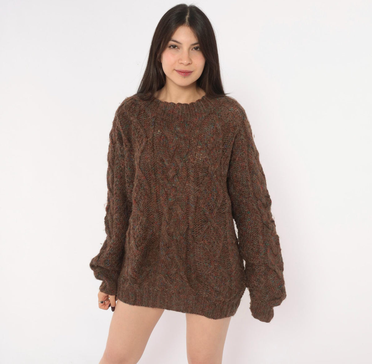 Tommy Hilfiger 90s Cable Knit Wool Sweater Brown Speckled Large
