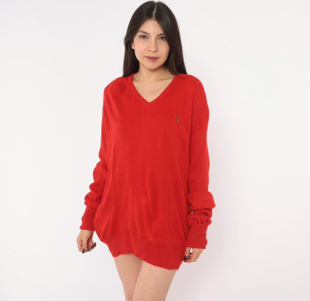 80s Steeplechase Red V-Neck Sweater Embroidered Horse Equestrian Knit Large